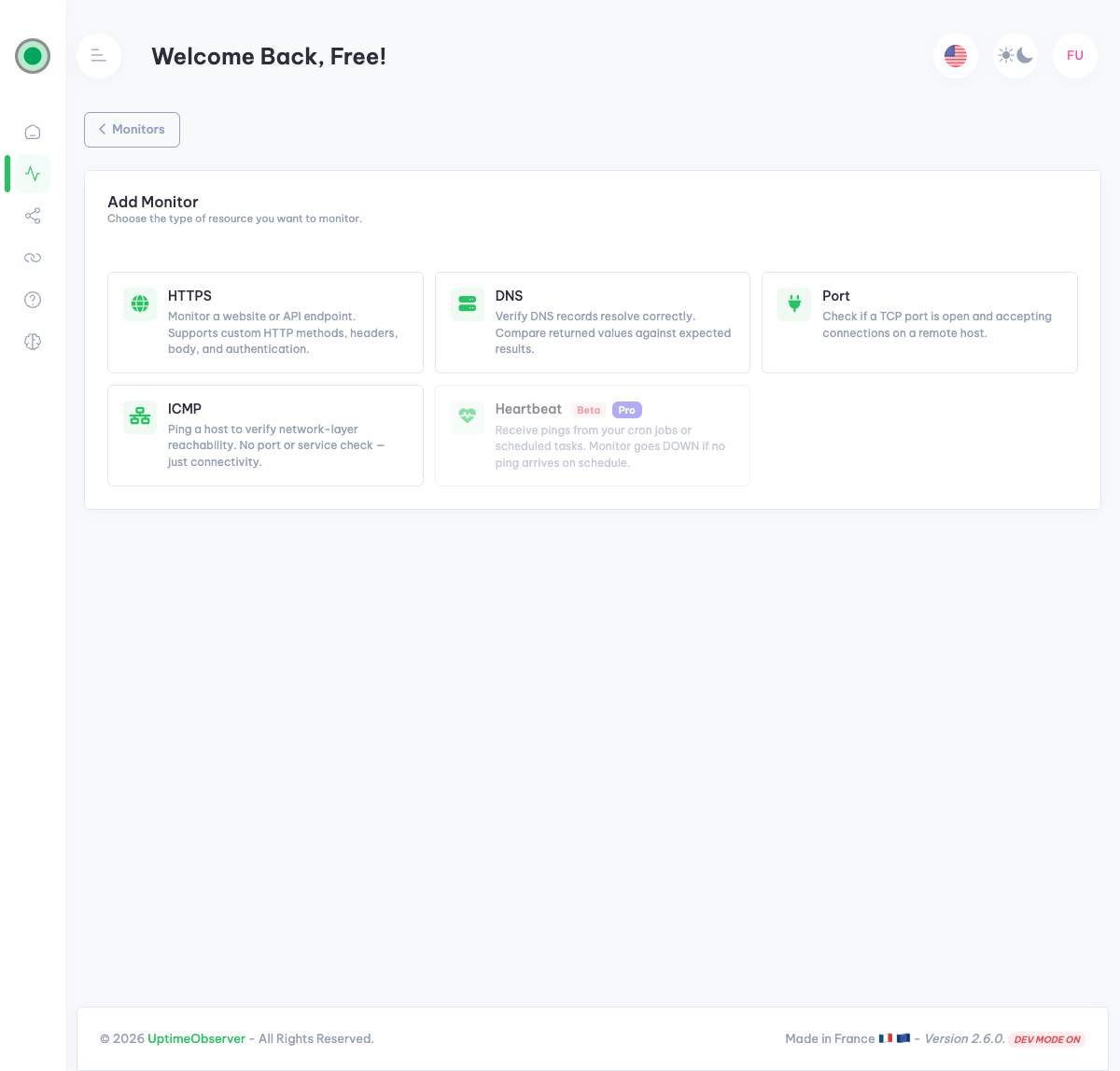 Monitor type selection page