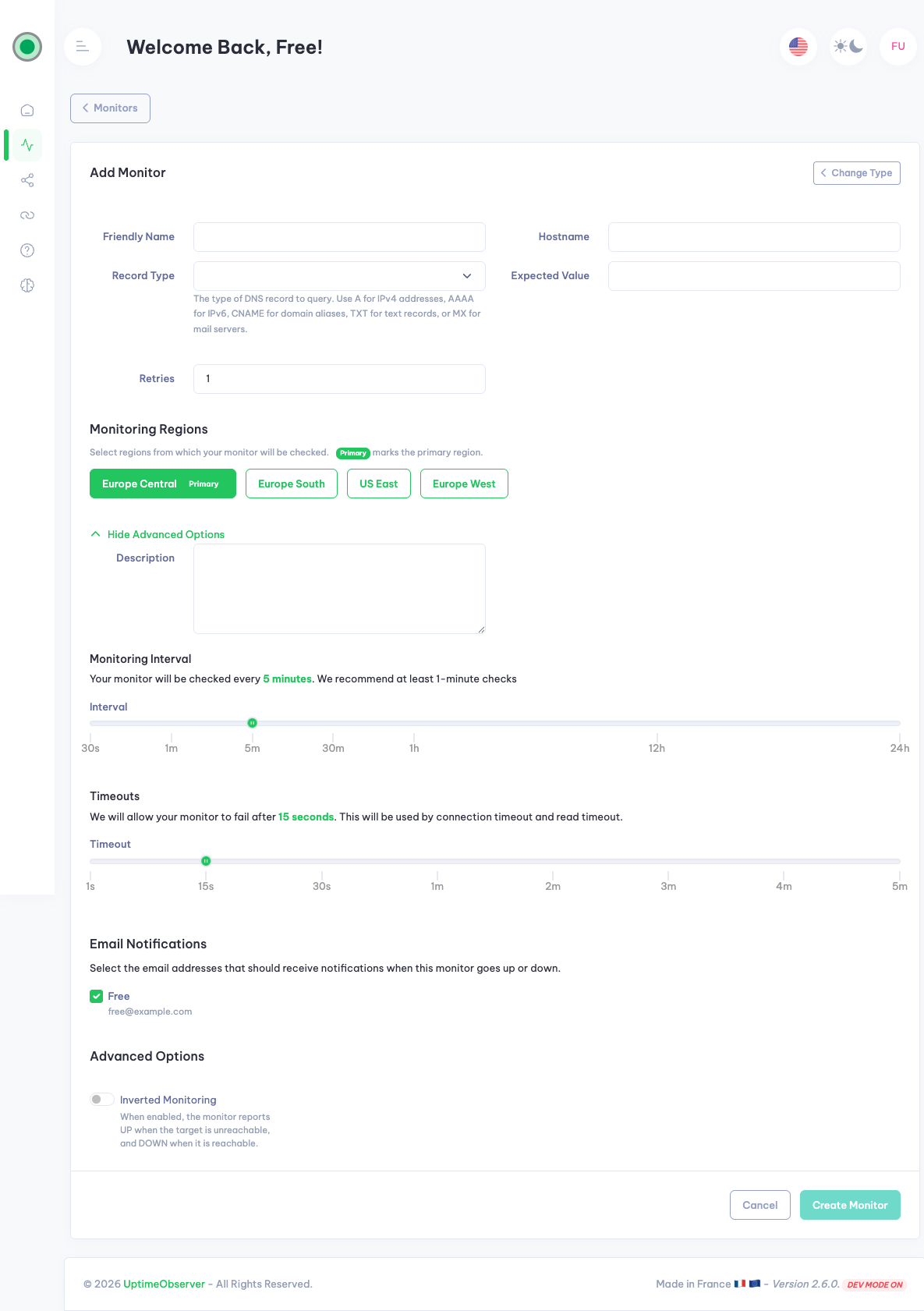 DNS monitor creation form