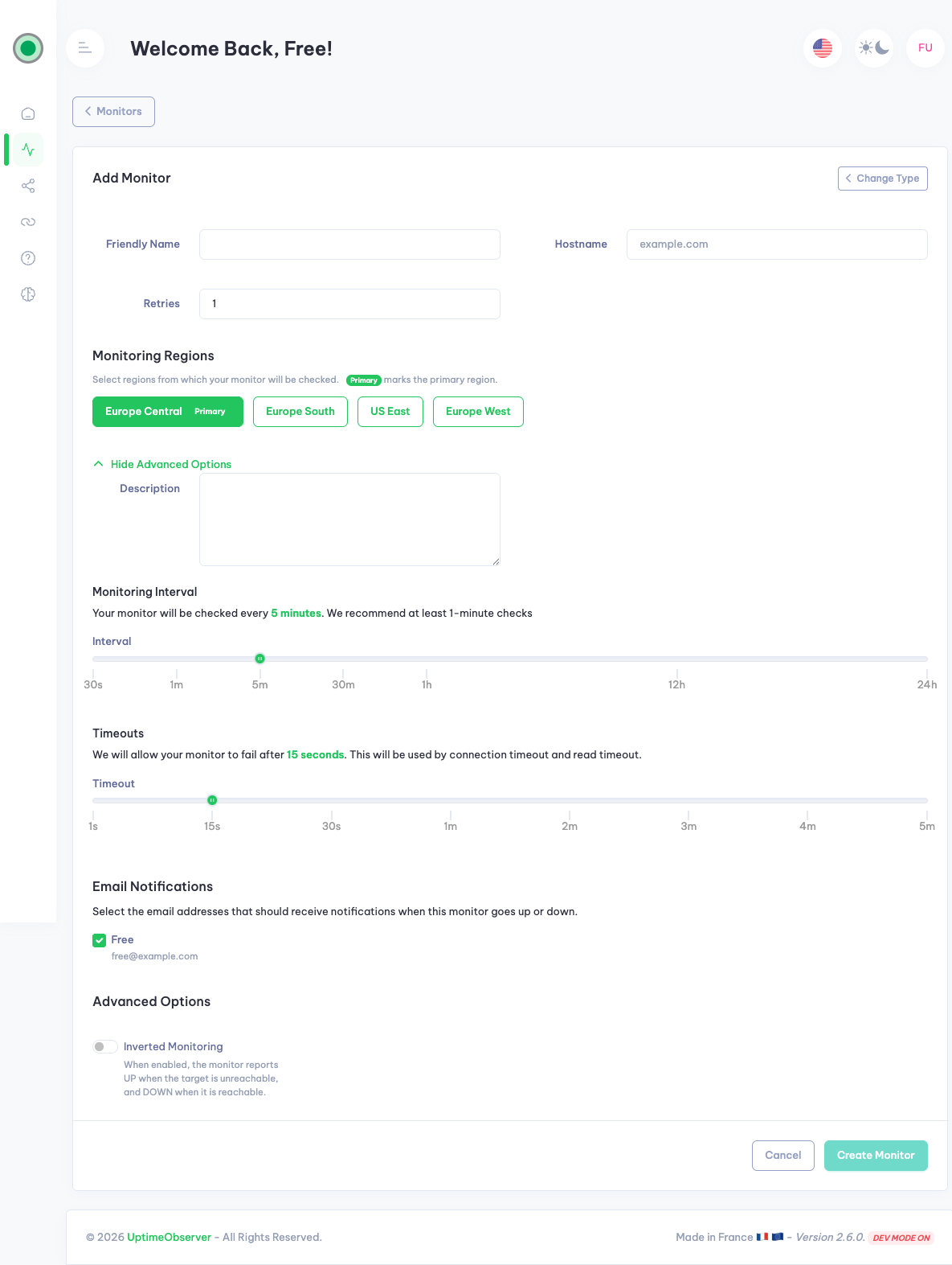Ping monitor creation form